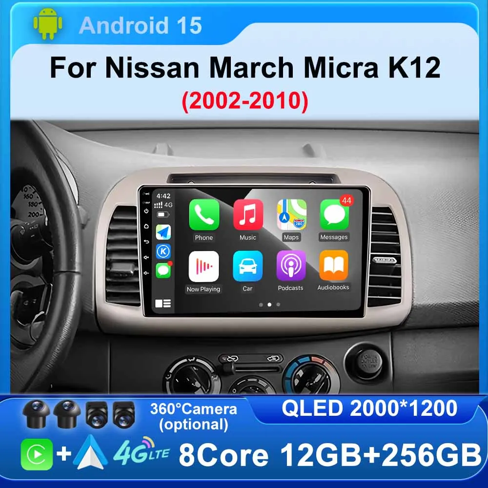 

9-дюймовый автомобильный радиоприемник Android 15 для Nissan March Micra K12 2002-2010 мультимедийный видеоплеер GPS 2K QLED Carplay авторадио WIFI 4G