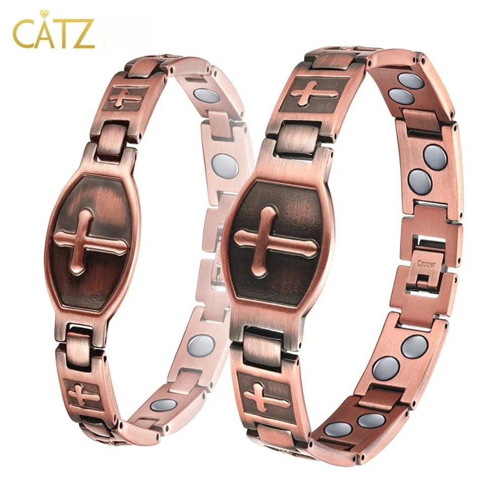 CATZ Men Copper Magnetic Bracelets for Couple Double Row 99.9% Solid Pure Copper Cross Bracelet Gift with Adjustment Tool