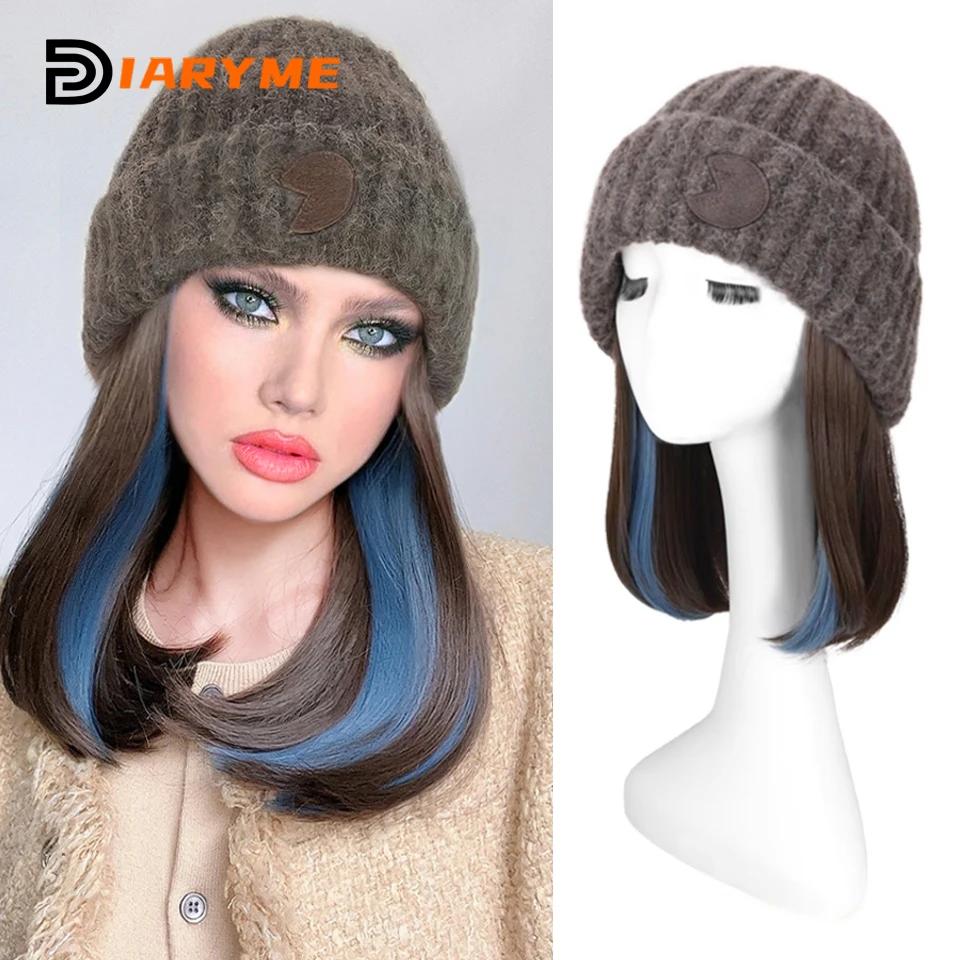 

Cap Wig Synthetic Short Straight Hair Wigs Connected Knitting Plush Hat Hair Warm Wig In Winter Adjustable For Women Natural Fak