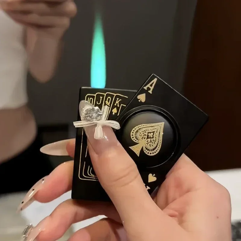 New Metal Poker Turntable Inflatable Lighter Windproof Jet Flame Butane Fun Decompression Lighter Cigarette Accessories Gift