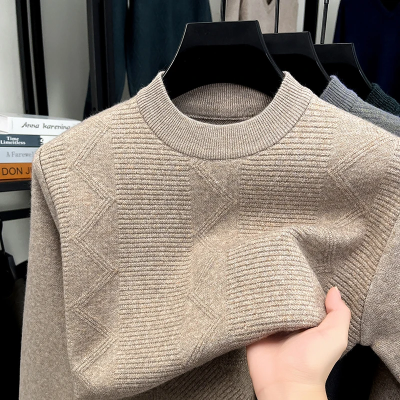 Premium trend brand men's sweater knitted round neck solid color printed Korean style luxury comfort warm autumn winter pullover