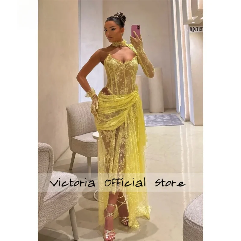 

Yellow Halter Neck Wedding Party Dress Customized Long Sleeve Sexy Lace Evening Dresses Chic Mermaid vestidos de fiesta