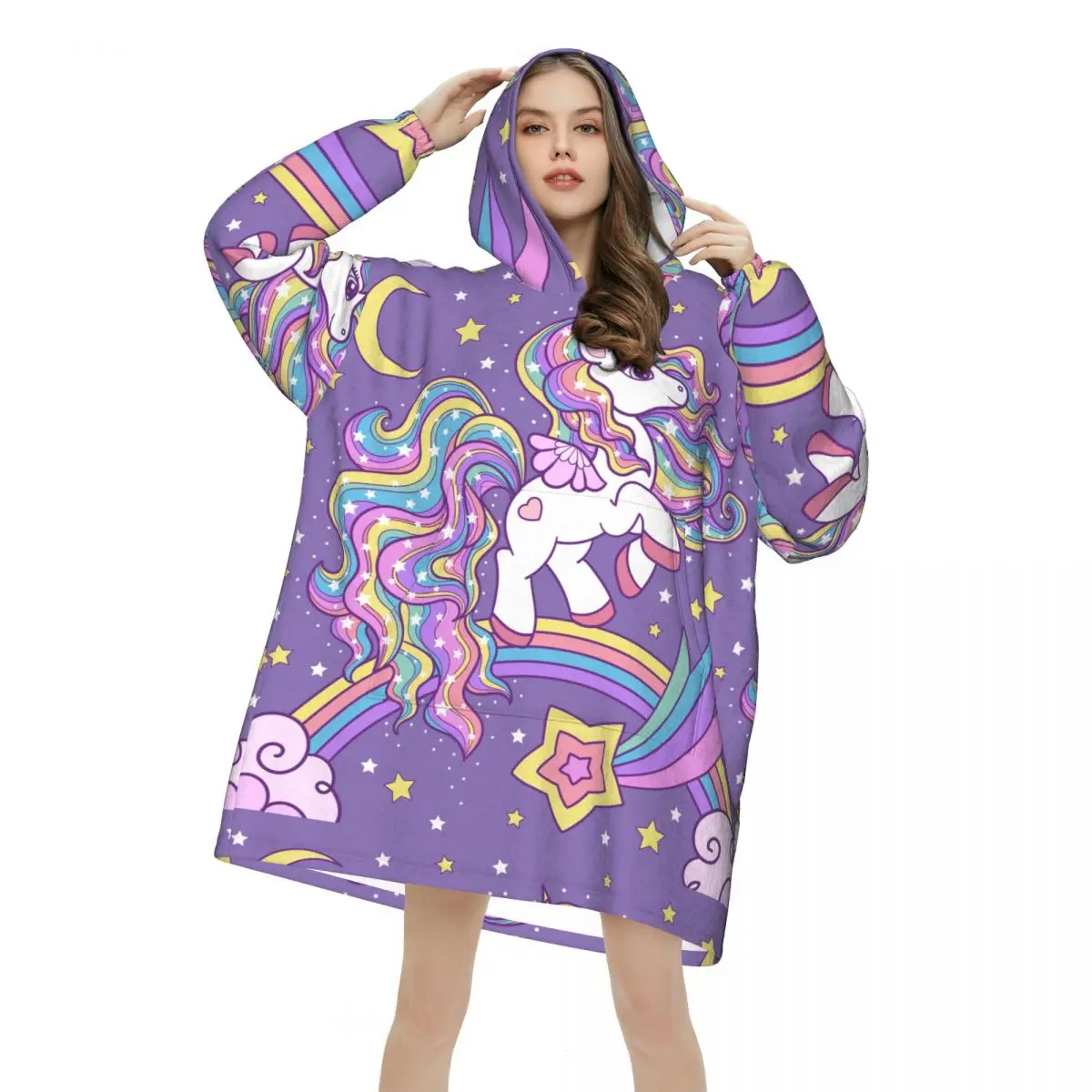 Wearable Blanket Hoodie Cartoon Unicorn  Oversized Sweatshirts Blanket Warm Cozy Flannel Fleece Sherpa Blanket with Pockets