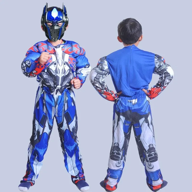Movie Superhero Optimus Prime Bumblebee Muscle Cosplay Costume Children Mask Bodysuits Full Set Kids Carnival Halloween Clothes