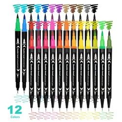 12pcs Double Ended Art Marker Pens Set, Suitable for Artist Fine & Brush Coloring Markers, Random colors