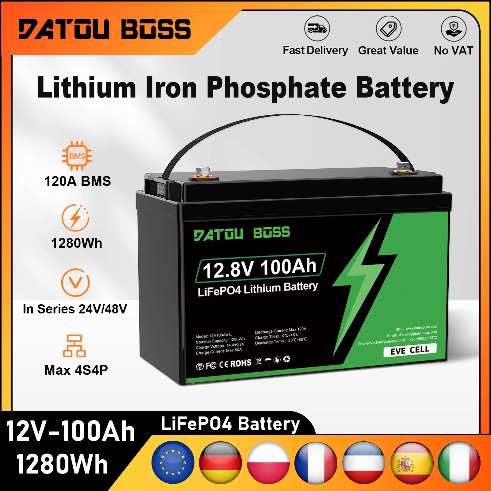 DATOUBOSS 12V 100Ah LiFePO4 Battery Portable Rechargeable Built-in ...