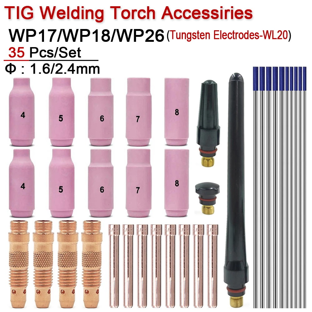 35PCS TIG Welding Torch Consumable 1.6mm 2.4mm WL20 Tungsten Electrode Collet Bodies Gas Nozzles Tig Collet For WP17 WP18 WP26