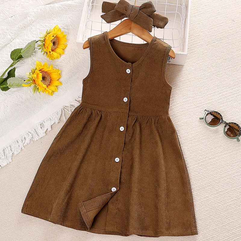 Dress Kids Girls 4-7 Years Brown Sleeveless Corduroy Dress + Corduroy Headband For Girls Stylish Girls Korean Style Dress