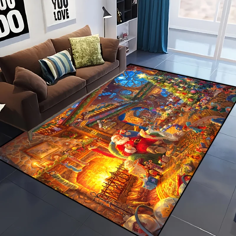 Santa Merry Christmas Print Area Rug, for Living Room, Bedroom, Nursery, Outdoor Patio, Garden, Yard, Home & Holiday Decor