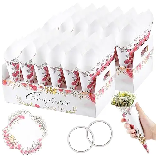 SET 60 Pcs Cornet Confettis Mariage, Cônes Confettis Mariage avec Porte-Confetti à Cônes Portable, Confettis Mariage