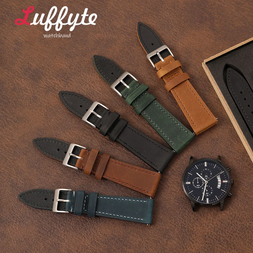 Fashion Retro Crazy Horse Leather Strap 18mm 19mm 20mm 21mm 22mm with Quick Release Spring Bars Gift Box Men Business Watchband
