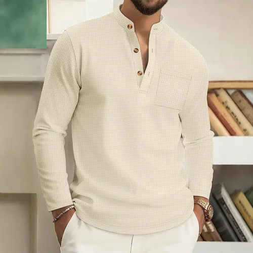 Imagen 2 del producto Camisa informal de manga larga con cuadros de gofre para hombre, camisa semicárdigan con botones y cuello levantado, transpirable y cómoda para uso diario