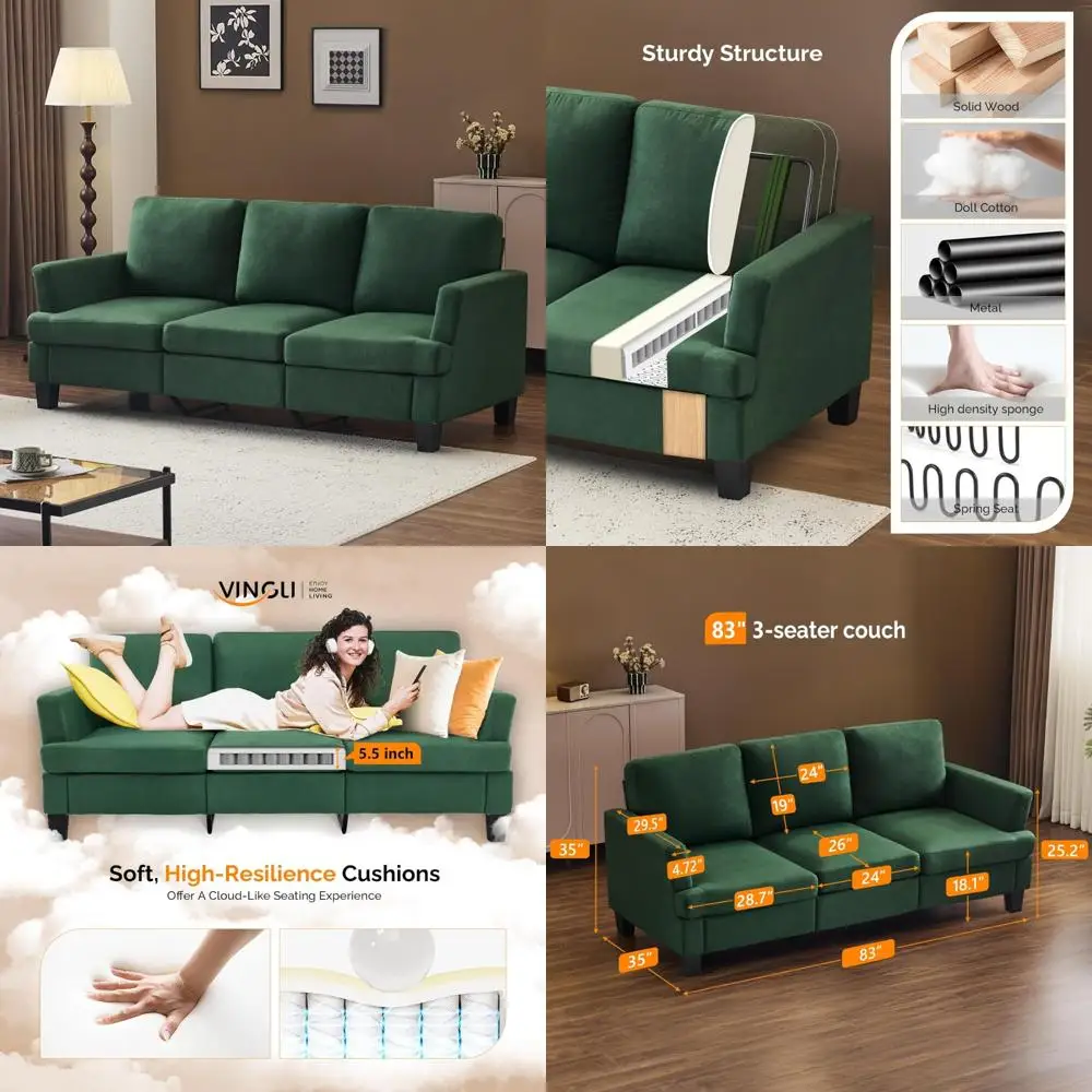 

modern comfortable 3-seater sofa for living room, 83" green couch with 25.6" deep seat, ideal for small spaces and bedrooms