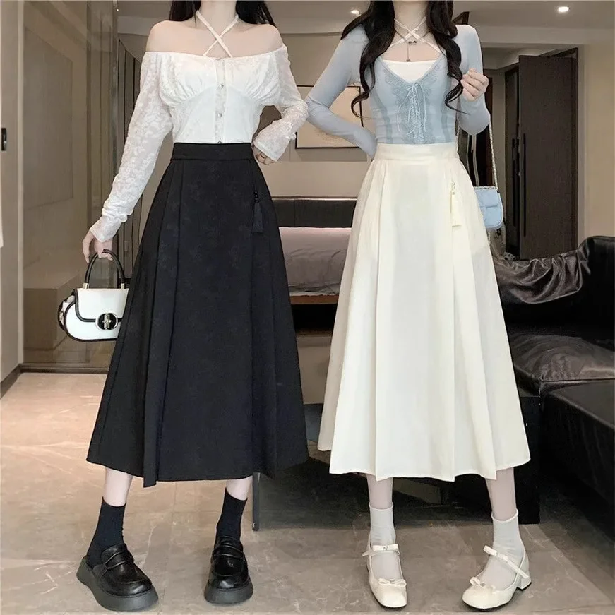 Falda Midi acampanada de color albaricoque para mujer, novedad de verano, estilo, talla pequeña, cintura alta, paraguas largo, falda blanca elegante a la moda