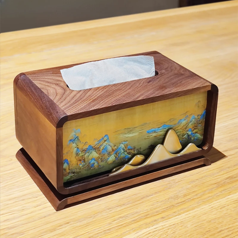 Black walnut tissue box, new Chinese style storage box, light luxury living room, restaurant, hotel decoration, solid wood paper