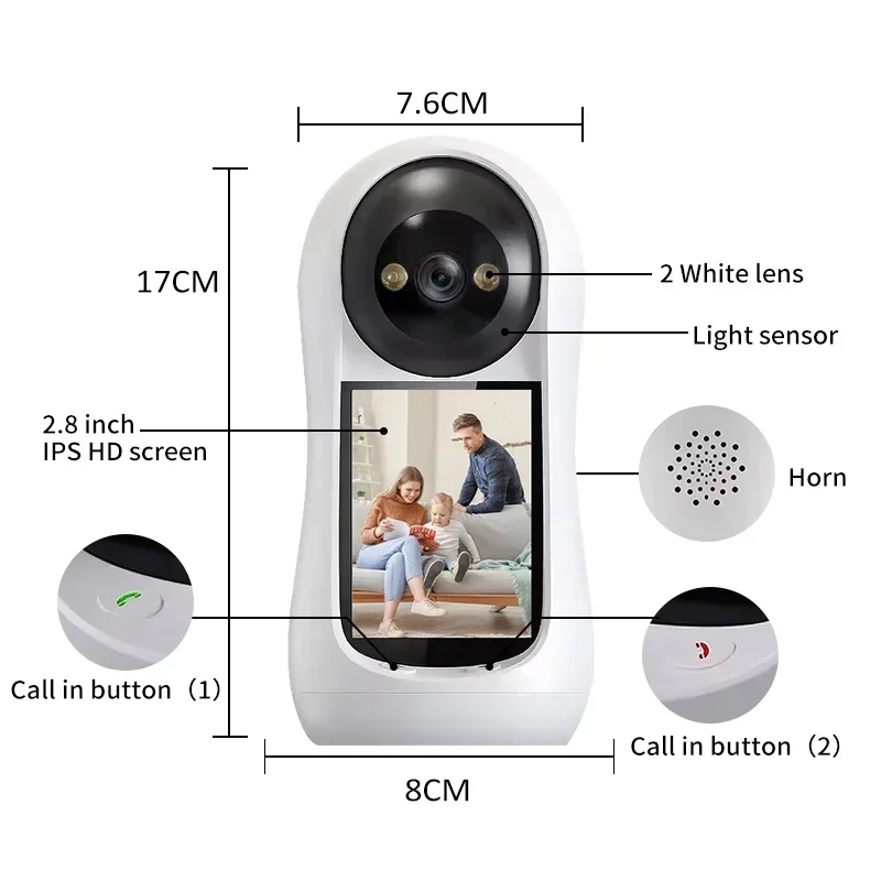 8MP Wifi Camera Video Call with 2.8 Inch IPS Screen Baby Cry Sound Detection Wireless Security IP Camera Baby Monitor V380 APP