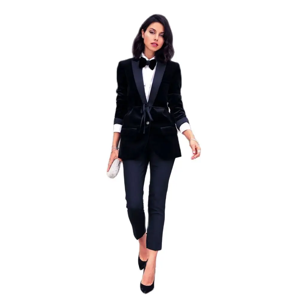 Velvet Women Prom Suits Peaked Lapel Lady Office Tuxedos For Wedding Guest Wear Slim Fit Evening Formal Blazers 2 Pieces Jacket