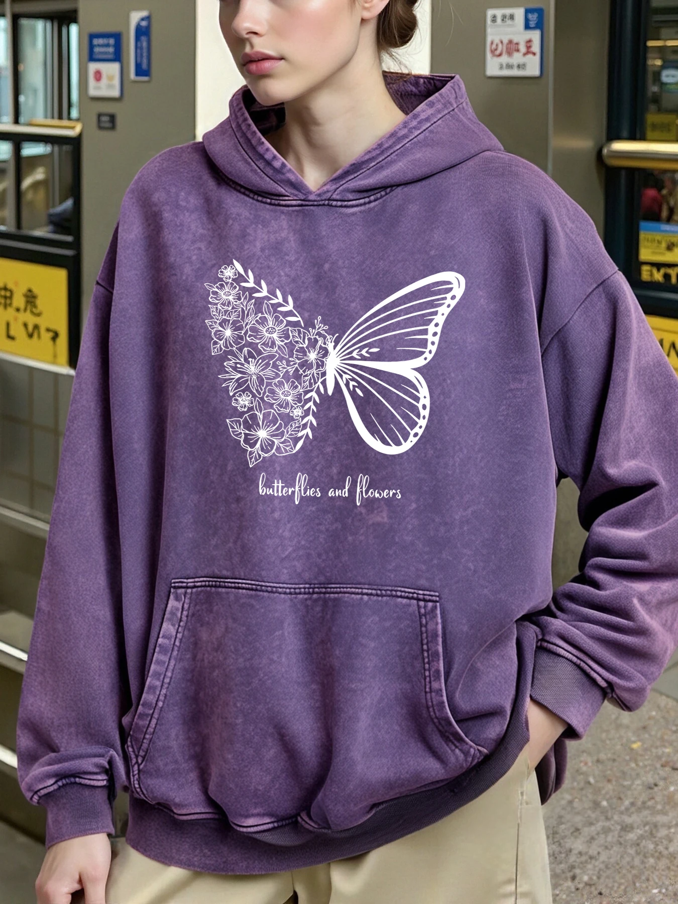 Creative Butterflies And Flowers Design Woman Washed Hoodies Cotton Autumn Winter Streetwear Loose Casual Hoodie Pocket Hoody