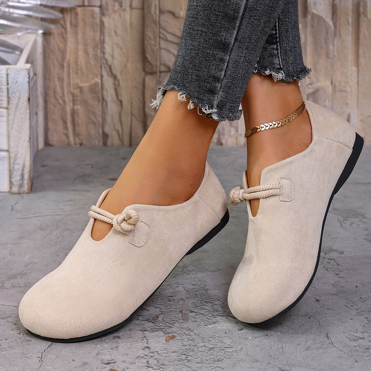 Comfortable Slip-On Suede Loafers for Women, Chinese Knot Closure, Round Toe Casual Footwear