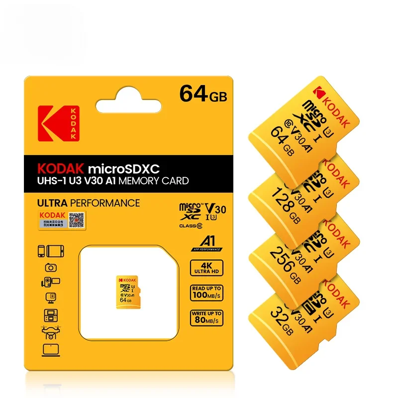 10ชิ้น Kodak การ์ด Micro SD ของแท้แฟลชการ์ด64GB 128GB U3 32GB 4K 256GB การ์ดความจำ tarjeta Micro SD สำหรับโทรศัพท์กล้องโทรศัพท์แท็บเล็ต