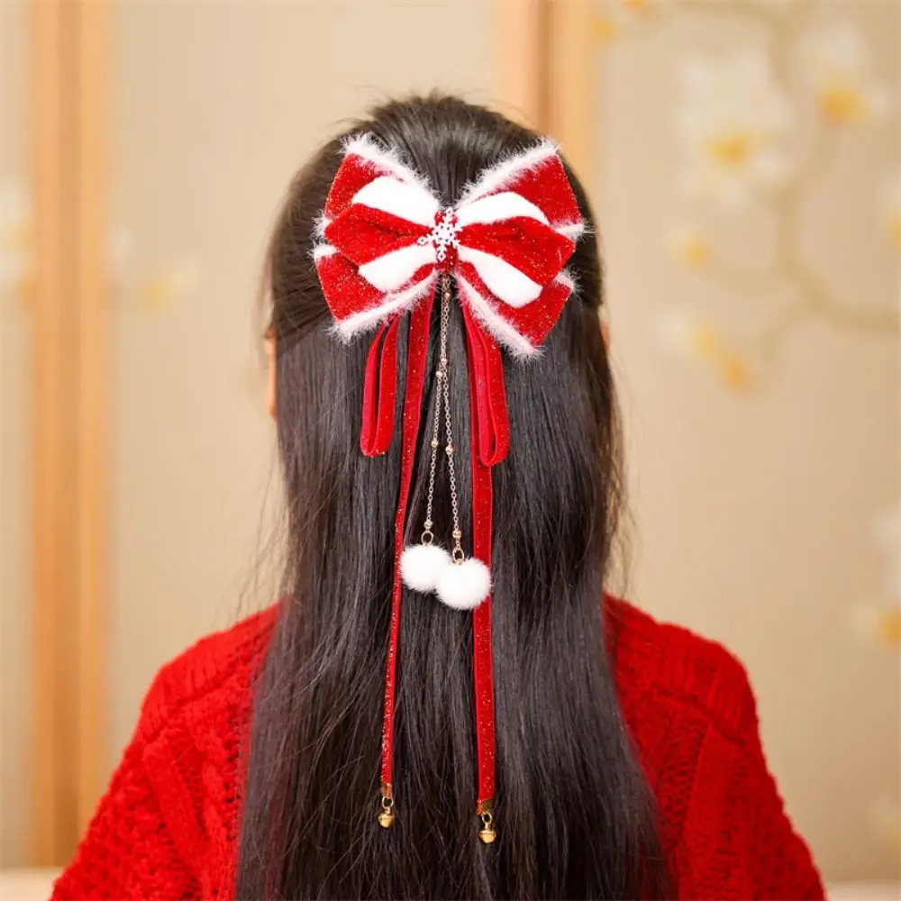 Lion Red Bow Hair Clip Tassel Plush Ball Children's Chinese Hairpin Ribbon Head Wear Embroidered Bow Headwear Decoration