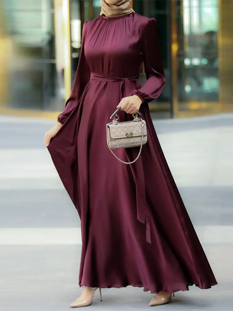 Vrouwen Moslim Party Solid Satin Maxi Jurk 2023 Lente Chic Elegante Bladerdeeg Mouw Gewaad Casual Holiday Swing Kaftan Ol dubai Abaya