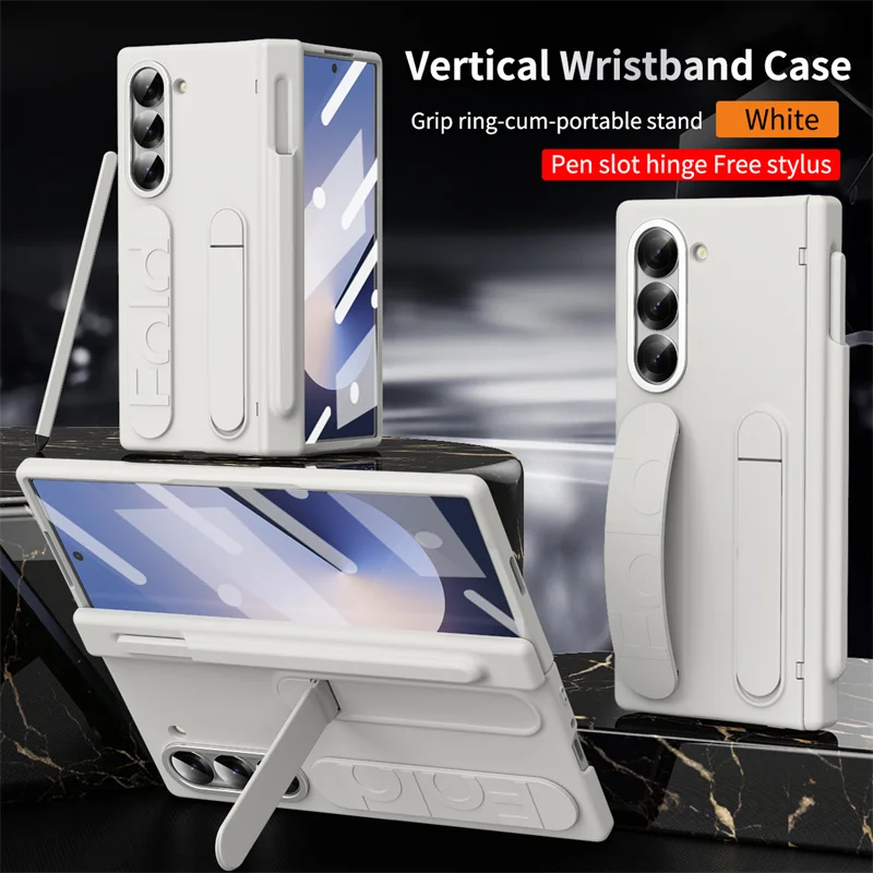 Wristband Holder Hinge Phone Case For Samsung Galaxy Z Fold 6 5 4 3 With Pen Slot & S Pen Screen Protector Film Protective Cover