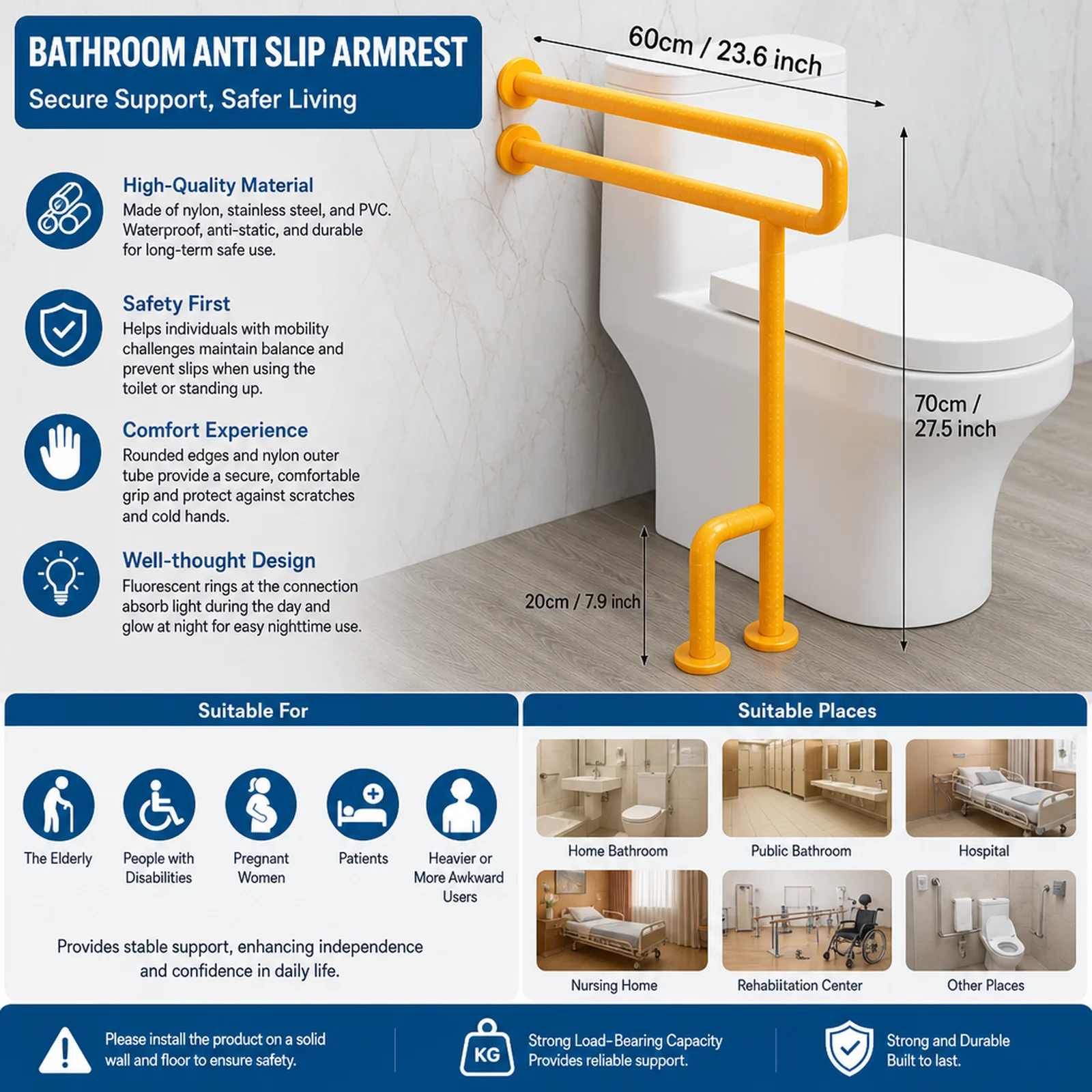 Bathroom Grab Bar Rail 661lbs Heavy Duty Toilet Safety Rail with Anti-Slip Particles & Fluorescent Ring, Nylon Stainless Steel Shower Handle for Elderly Pregnant Disabled