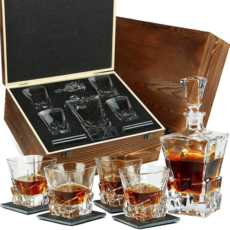 Wood Box Whiskey Decanter Set Diamond Shape with 4 Glasses , Gift for Men, Alcohol Bottle for Liquor Scotch Bourbon