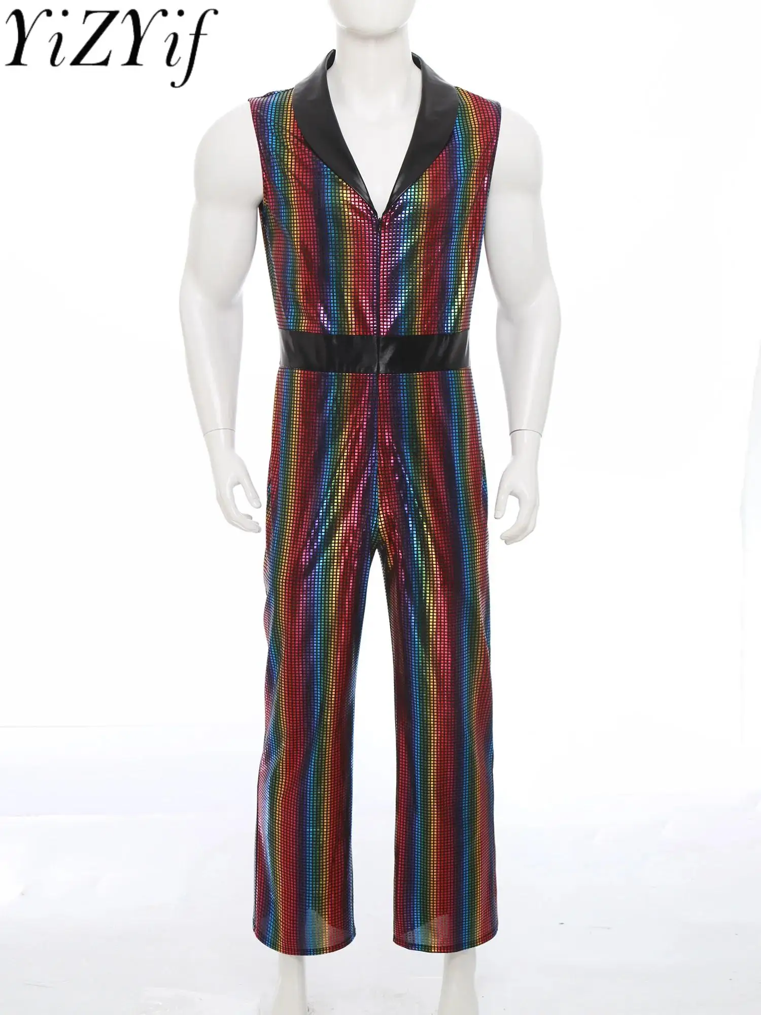 

Men's Retro Disco Party Club Jazz Waltz Dance Jumpsuit Sleeveless Metallic Shiny Dance Costumes for Night Out Stage Rave Uniform