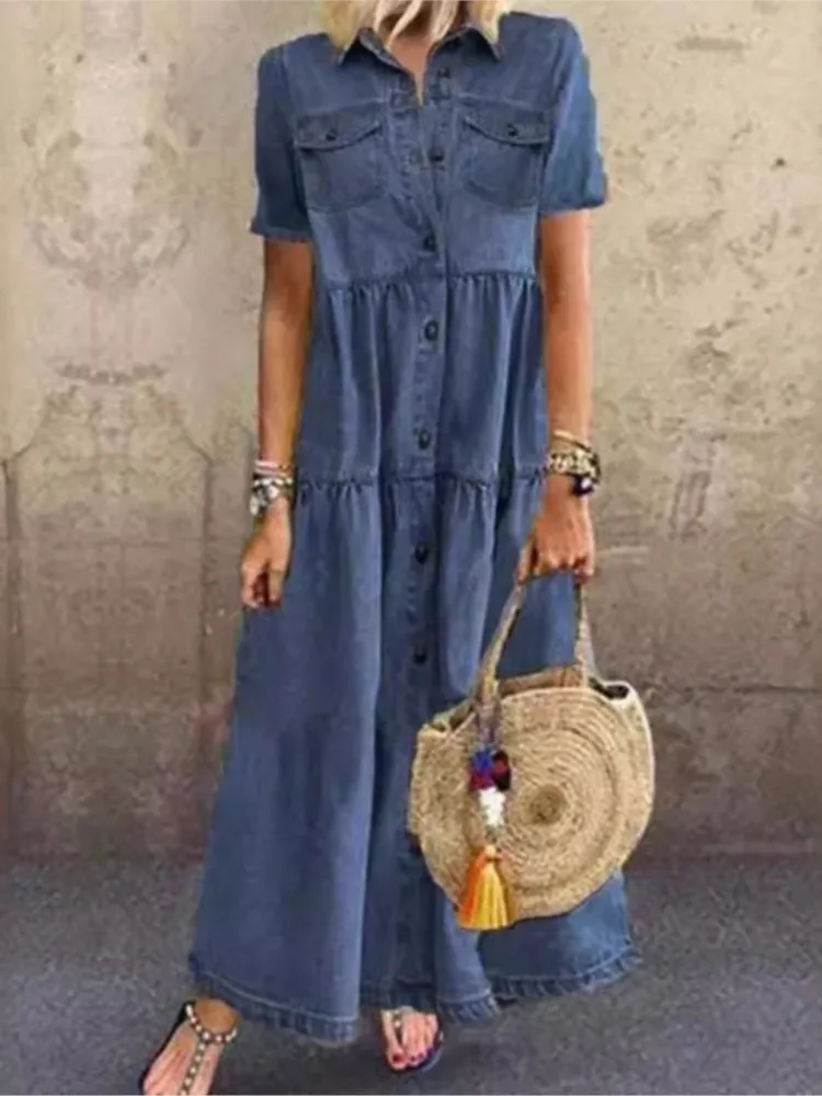 2024 Spring Summer Women's New Fashion Denim Style Long Style Single Breasted Multi Buttoned Vintage Short Sleeved Dress