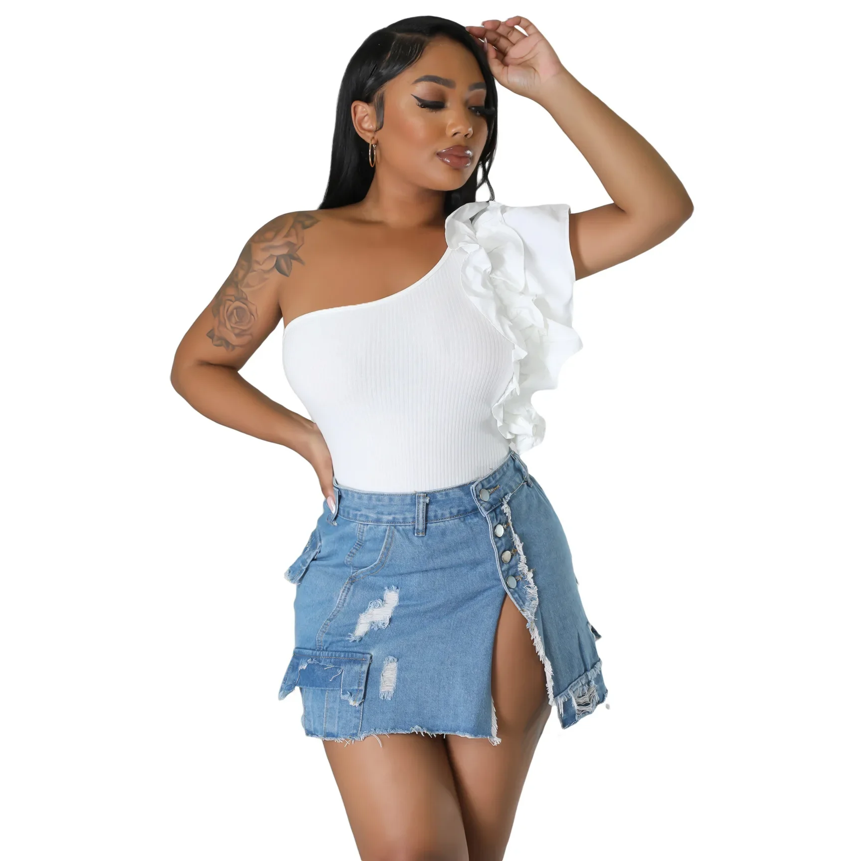 Spliced Denim Skirts Solid Distressed Ripped Button Slim Women Mini Dress Sexy Wrap Buttocks High Street 2025 Pencil Washed