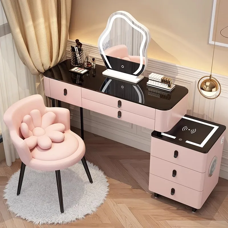 Mesita de noche con luces de espejo superior de cristal, cómoda mesa de dormitorio, cajones, salón de uñas, muebles de maquillaje, Tocador de lujo para niñas