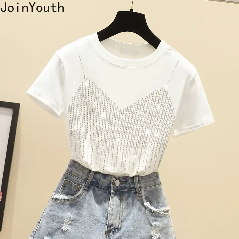 Shirts for Women Diamond Fashion Oversized Tshirts Y2k Tops 2024 Ropa Mujer Short Sleeve Fake Two T-Shirt Summer Casual Tees