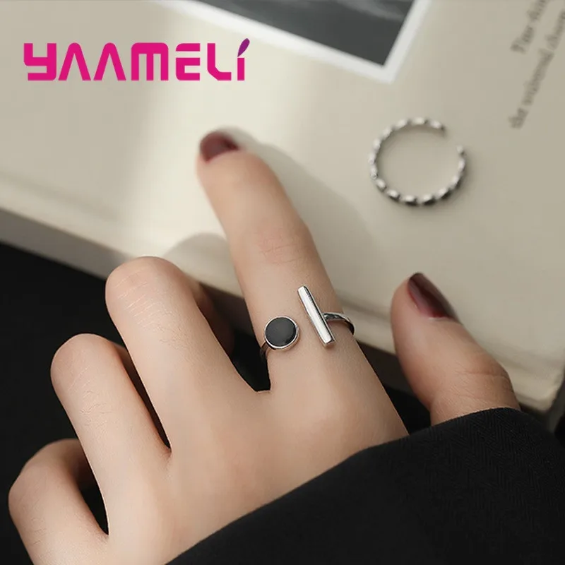 925 Sterling Silver Opening Adjustable Finger Ring New Fashion Black Enameled Statement Punk Bague Cool Party Accessory Jewelry