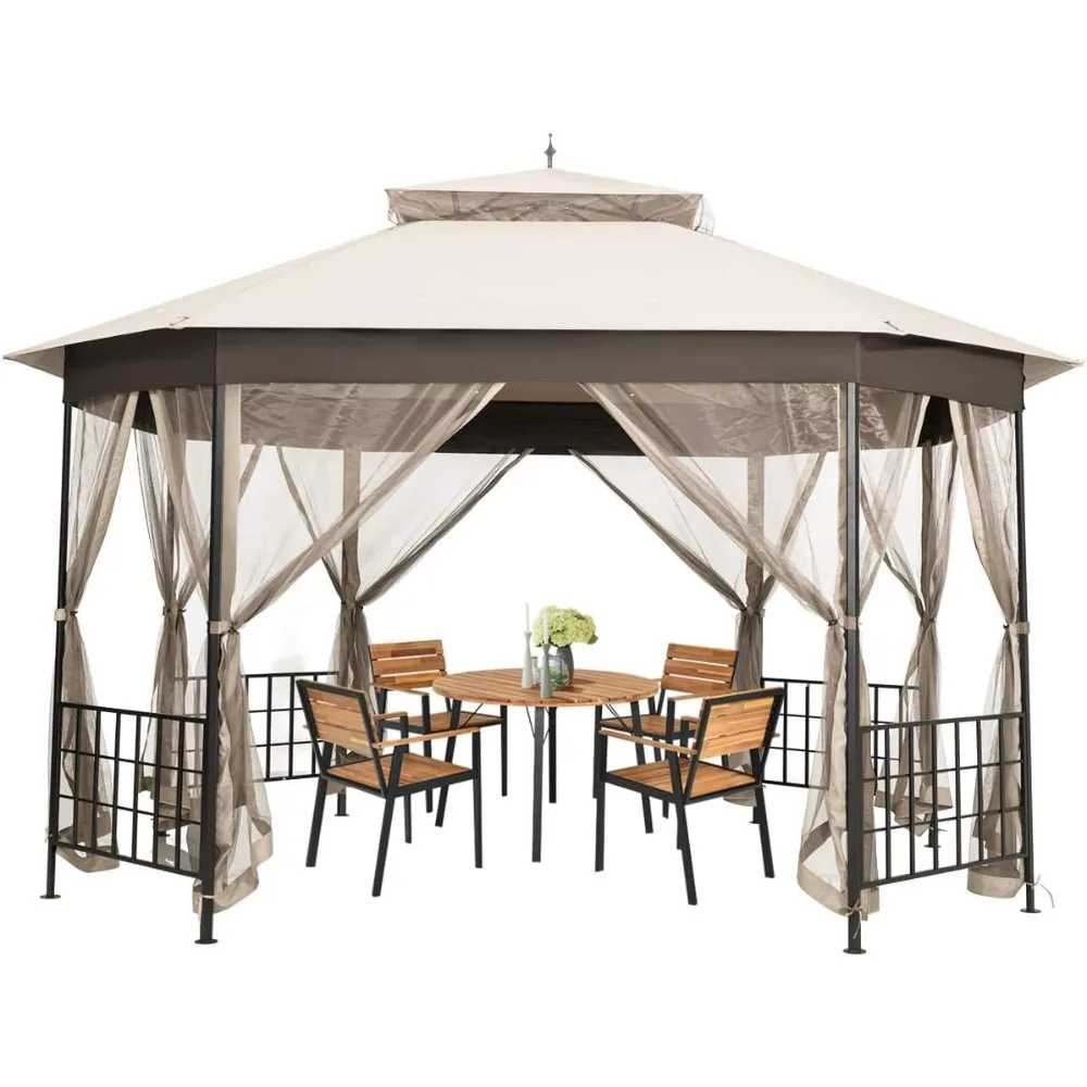 10 x12 Ft Patio Gazebo, Heavy Duty Octagonal Canopy Gazebo w/Netting Sidewalls and Sturdy Steel Frame,Double Roof Vented Gazebo