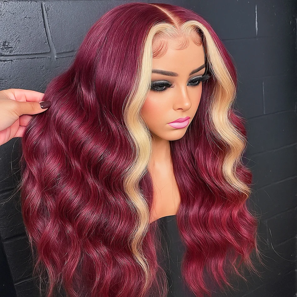 

Omber Blonde With Red Burgundy Colored Wigs Highlight Lace Front Wigs Human Hair Brazilian Body Wave 13x4 Hd Lace Frontal Wigs