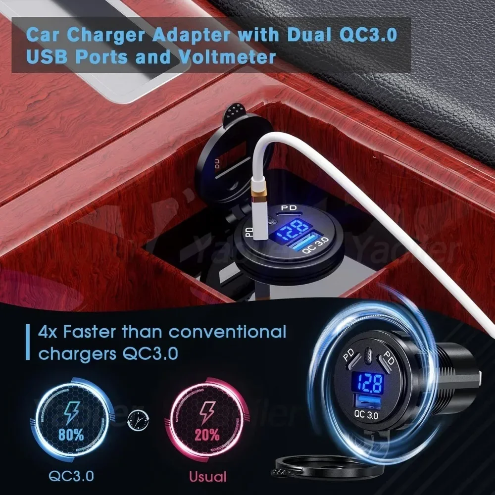 مقبس شاحن سيارة PD3.0 & QC3.0 منافذ USB C مزدوجة مقاومة للماء مع مفتاح لمس LED شحن سريع 12 فولت/24 فولت لمحول موتو