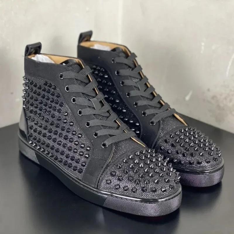 

Luxury Red Soles Mens Shoes Black High-tops Rivets Shoes Canvas Couples Party Shoes