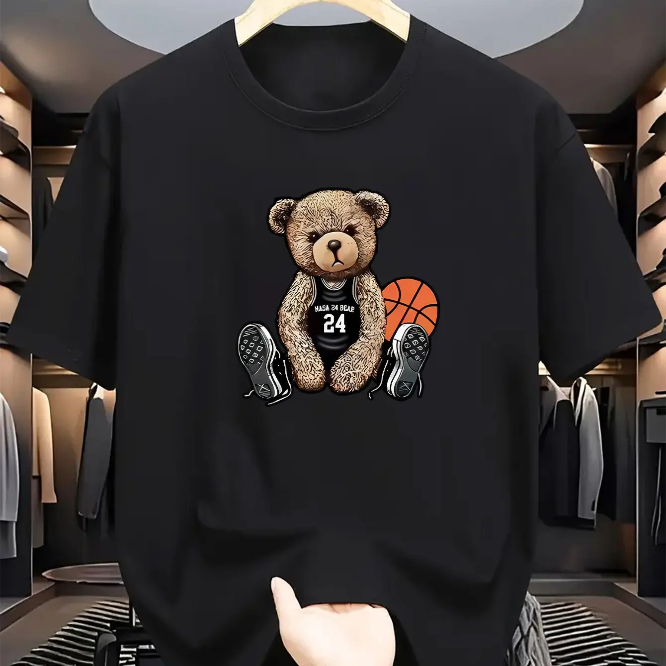 

Men's summer 100% pure cotton fashionable casual loose plus size Leisure Bear printed sports round neck short sleeved T-shirt