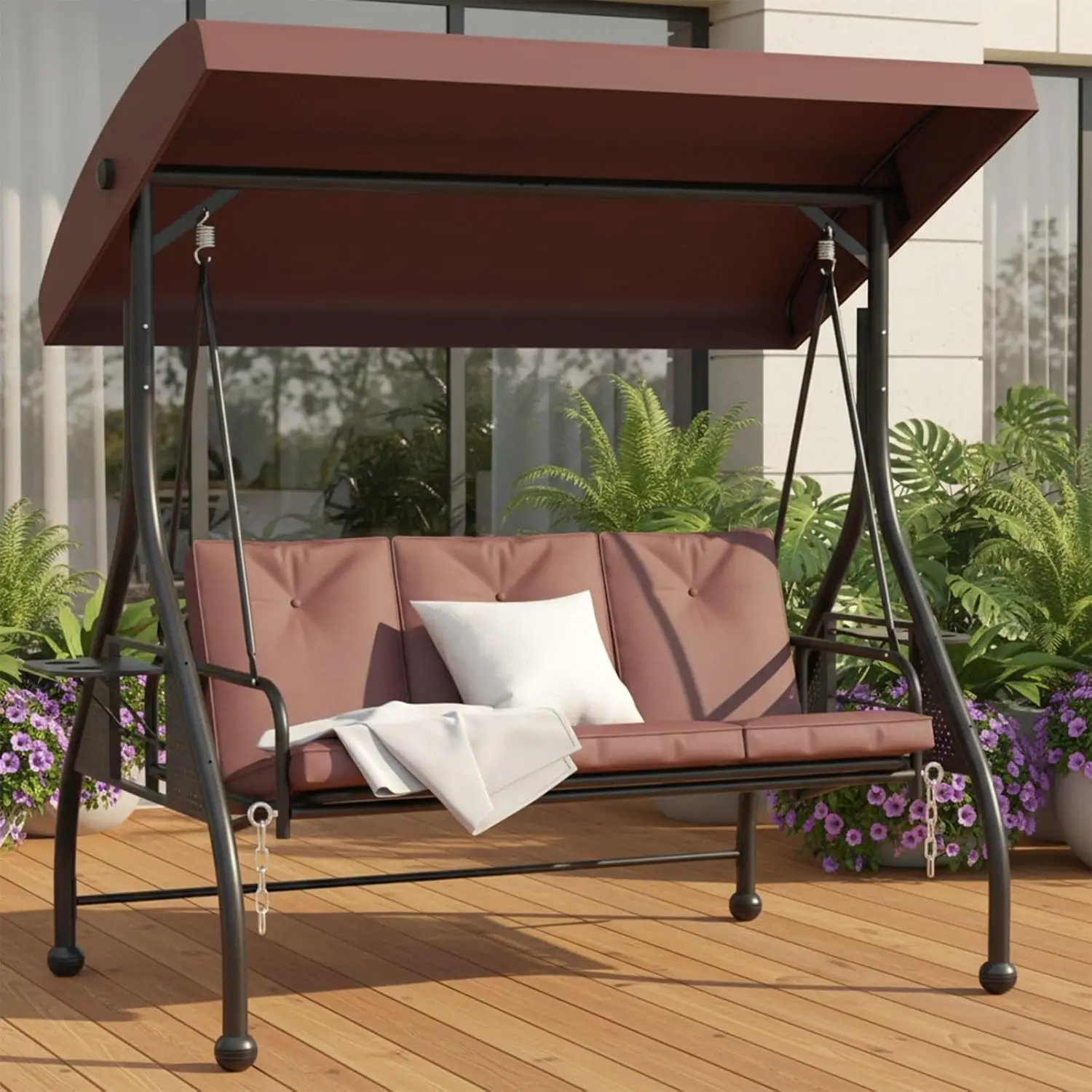 3 in 1 Outdoor Porch Swing with Cup Holder Tray, Patio Daybed Swings with Removable Cushions, 800LBS Heavy Duty, Customized