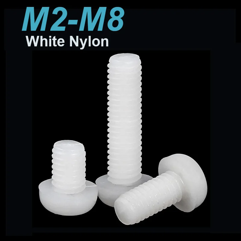 50pcs Thread White Nylon Plastic Phillips Pan Head Cross Round Screw Bolt L= 4-60mm M2 M2.5 M3 M4 M5 M6 M8