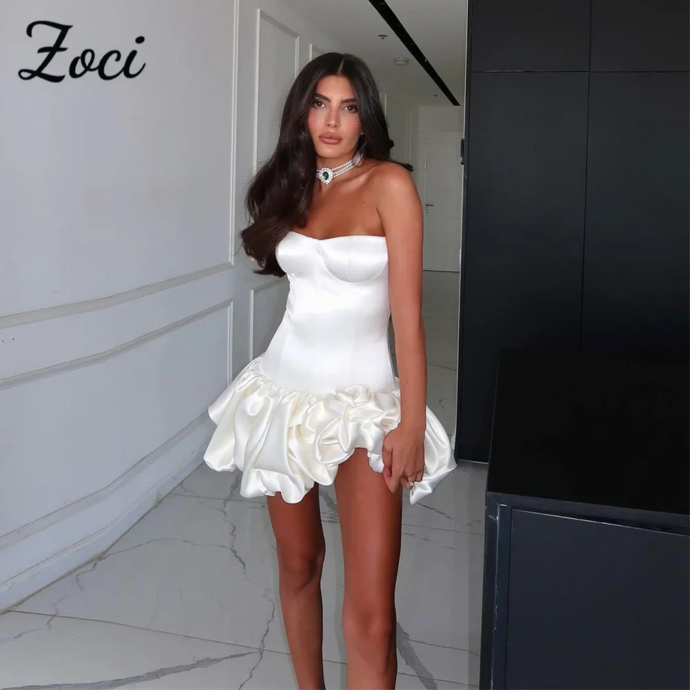 

Zoci Elegant Sweetheart Short Mini Wedding Dresses Satin 3D Flowers Bride Dress Customized Backless Above Knee Bridal Party Gown