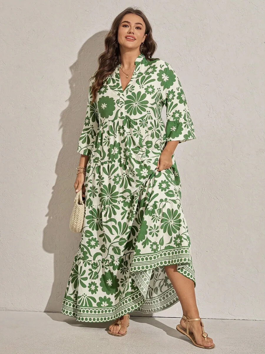 Plus Size Women Floral Print Flare Sleeve Ruffle Hem Maxi Dress