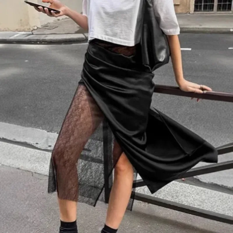 2025 Spring Spice Girl Black Wrap Lace Fart Curtain Skirt Women's Fashion Asymmetrical Splicing A-shaped Skirt Women's Clothing