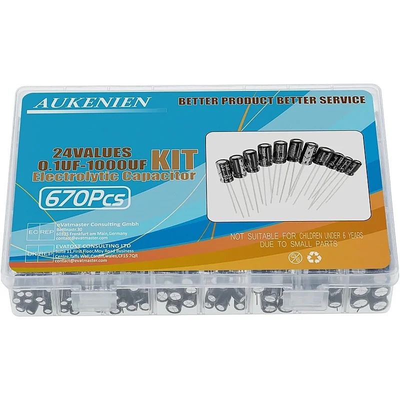 AUKENIEN 24 Valore 670PCS Set di condensatori elettrolitici da 0,1uF a 1000uF 10V 16V 25V 50V Condensatori Kit condensatori in alluminio