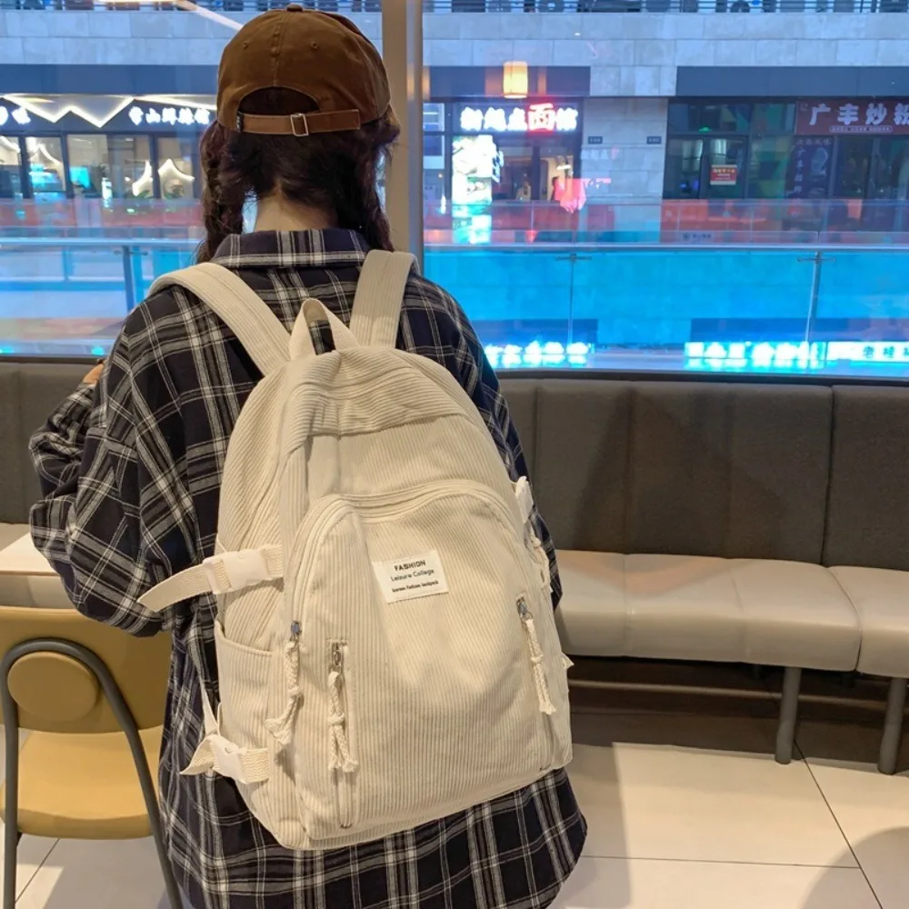 

Portable Bookbag Students Backpack Large Capacity Solid Color Women Bag Striped Velvet School Bags