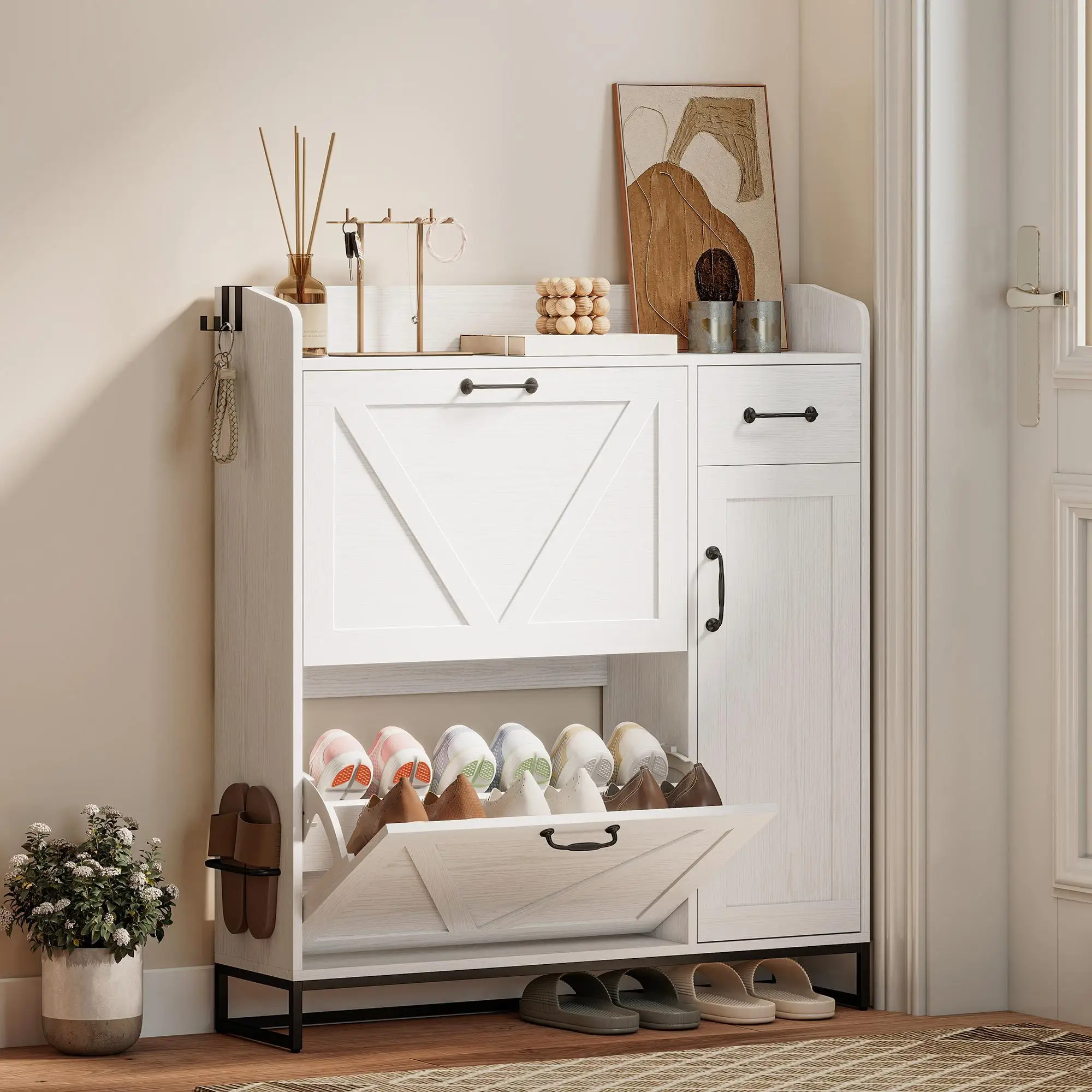 Zapatero 106,7x26x116cm Blanc avec 2 portes pliantes, étagère réglable pour 12 paires de chaussures, style porte Belger, sol aéré