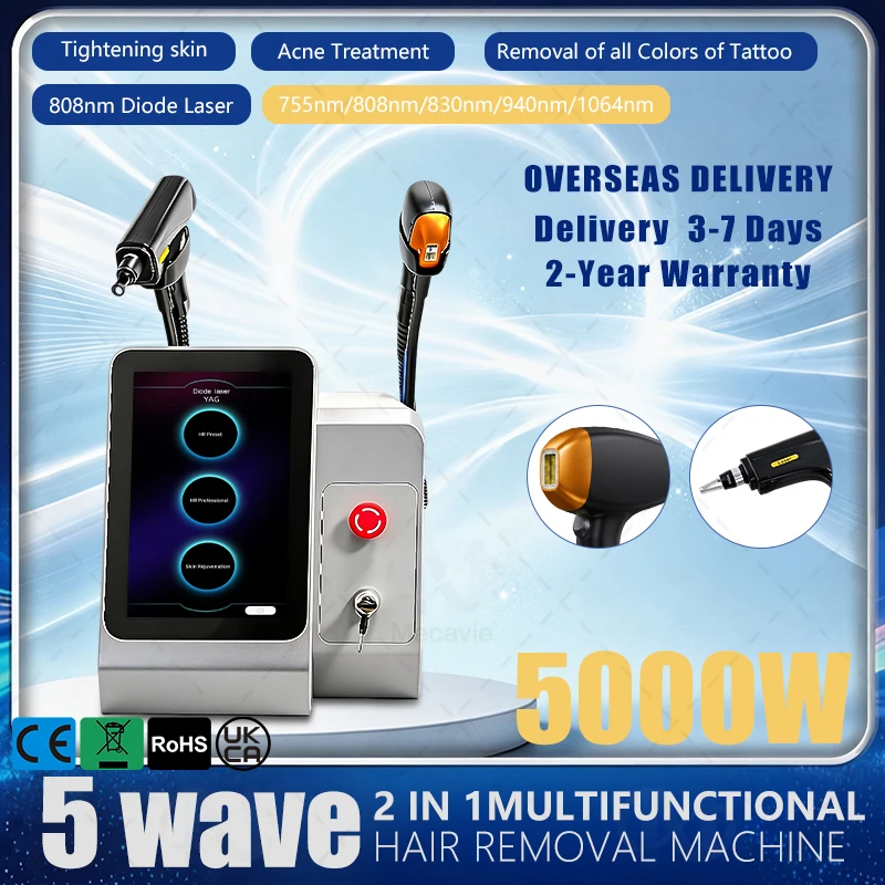 Mecavie 2IN1 Laser Machine 5000W 5 Wavelengths 10 Bars FAC Sapphire Cooling Hair Removal Tattoo Removal Skin Tightening Salon Be