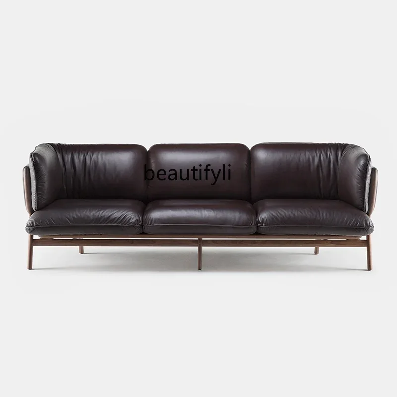 

Black Three-Seat Leather Sofa Large and Small Apartment Type Living Room Home Simple Fabric Tofu Block